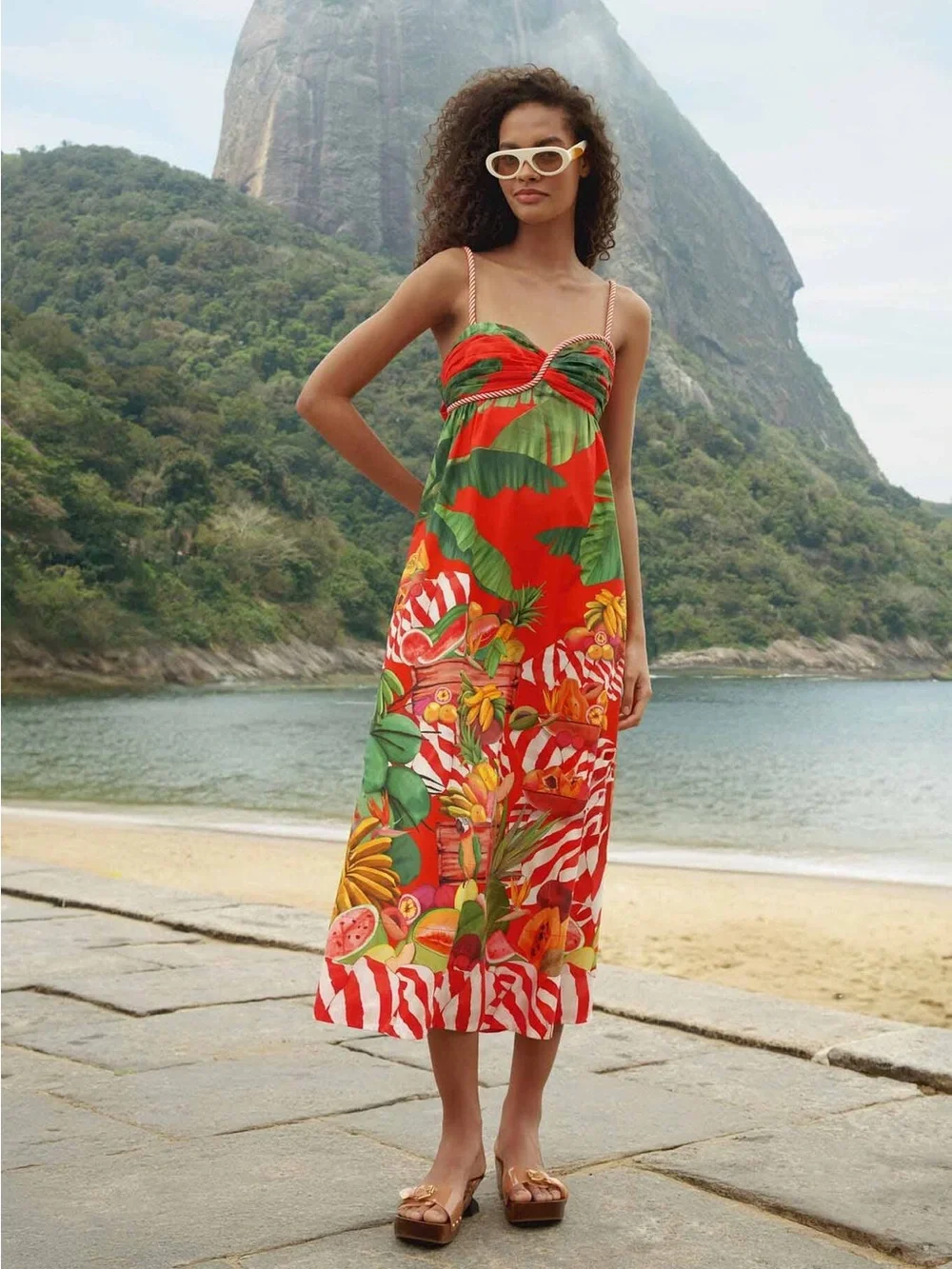 FARM Rio Red and Green Tropical Print Fruit Trolley with Rope Tie Maxi Dress - Picture 2 of 12